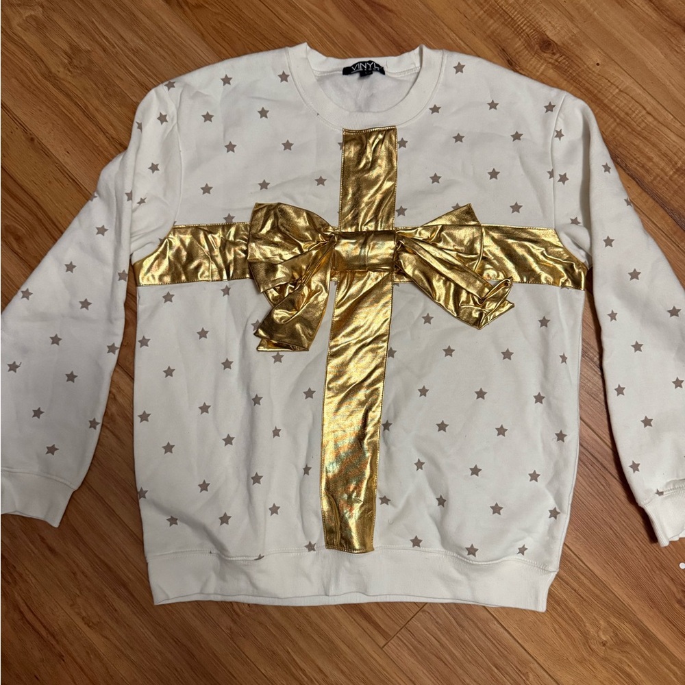 Vinyl Icons Holiday Fleece Gold and White Bow Sweater